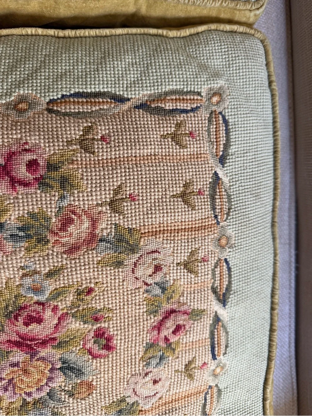 Pair Antique French PILLOW Cushions large needlepoint petitpoint roses